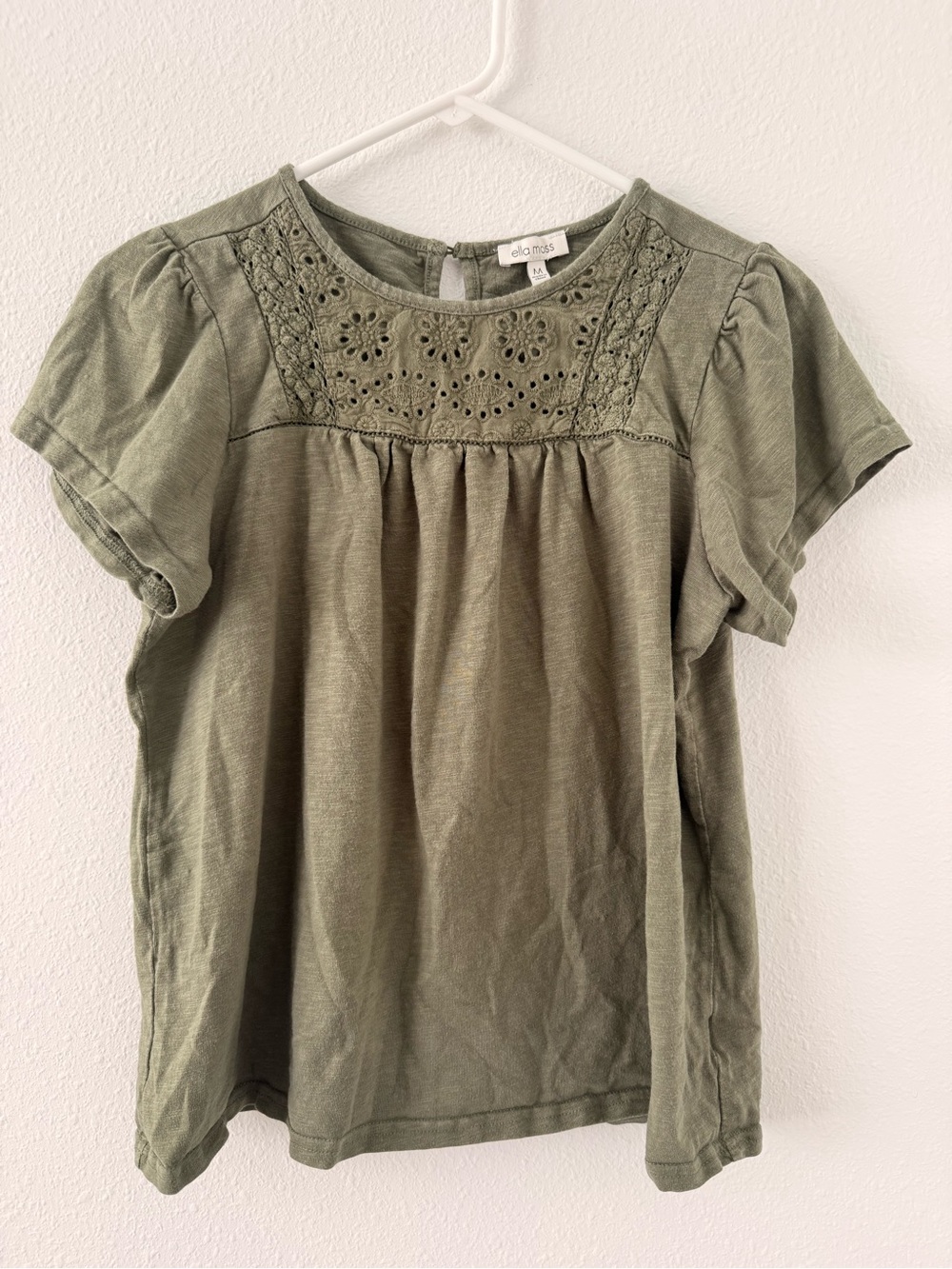 Ella Moss Olive Eyelet Yoke Short Sleeve Blouse